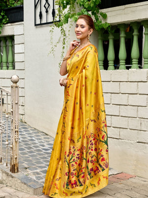 Rajwada Yellow Silk Woven Paithani Saree For Women
