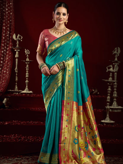 Rajwada Sea Green Silk Woven Paithani Saree For Women