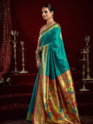 Rajwada Sea Green Silk Woven Paithani Saree For Women