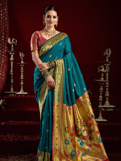 Rajwada Teal Silk Woven Paithani Saree For Women