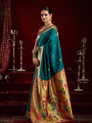 Rajwada Teal Silk Woven Paithani Saree For Women