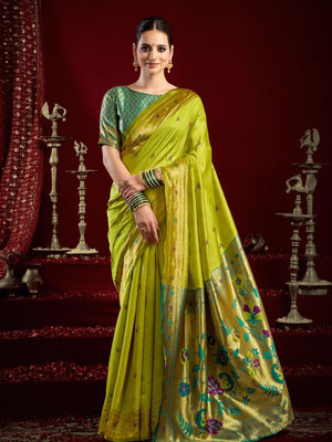 Rajwada Lime Green Silk Woven Paithani Saree For Women