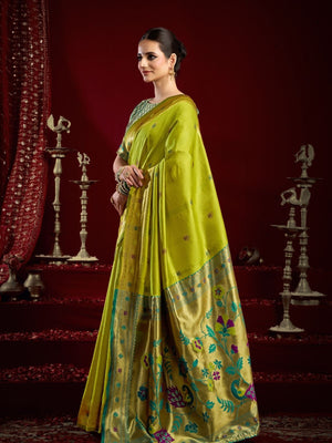 Rajwada Lime Green Silk Woven Paithani Saree For Women