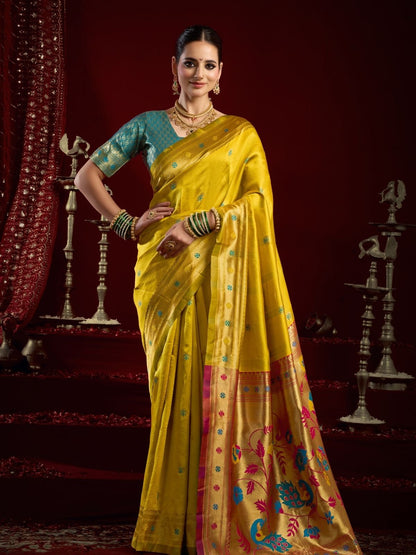 Rajwada Yellow Silk Woven Paithani Saree For Women