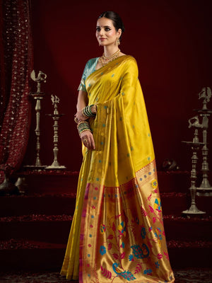 Rajwada Yellow Silk Woven Paithani Saree For Women