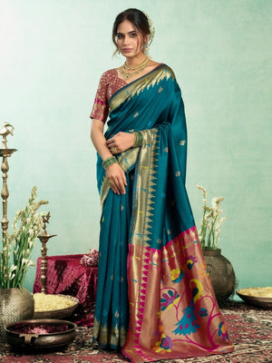 Rajwada Teal Silk Woven Paithani Saree For Women