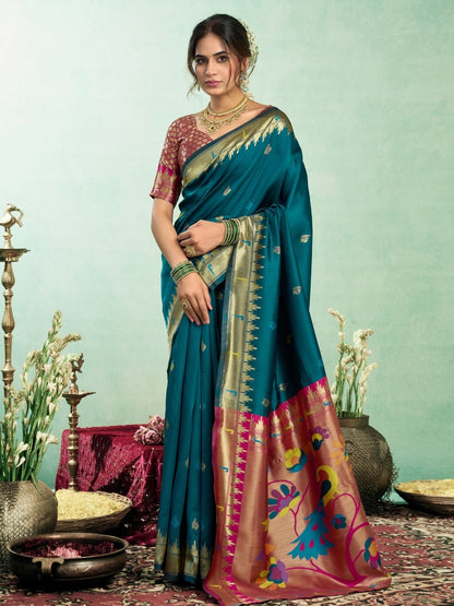 Rajwada Teal Silk Woven Paithani Saree For Women