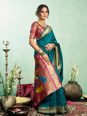 Rajwada Teal Silk Woven Paithani Saree For Women