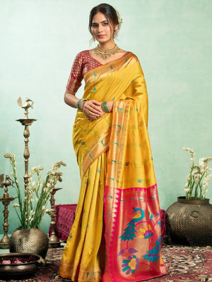 Rajwada Yellow Silk Woven Paithani Saree For Women
