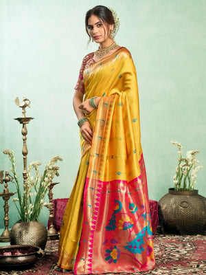 Rajwada Yellow Silk Woven Paithani Saree For Women