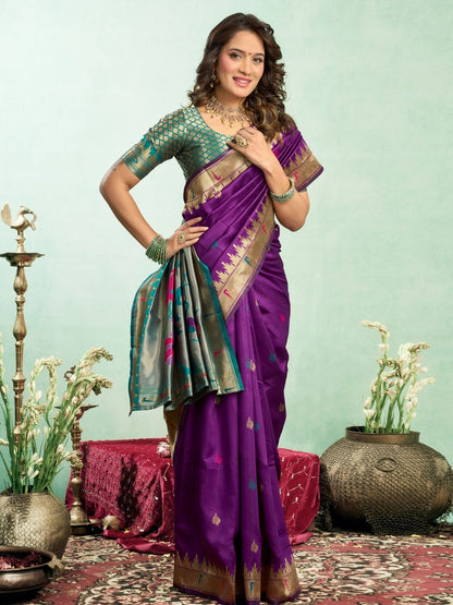 Rajwada Purple Silk Woven Paithani Saree For Women