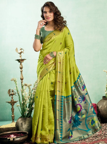 Rajwada Parrote Green Silk Woven Paithani Saree For Women
