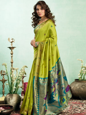 Rajwada Parrote Green Silk Woven Paithani Saree For Women