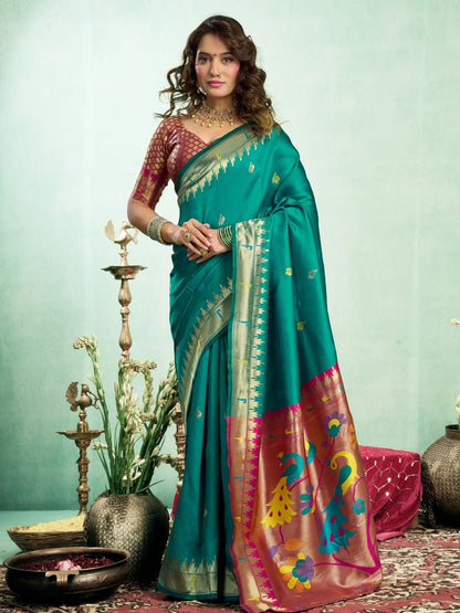 Rajwada Sea Green Silk Woven Paithani Saree For Women