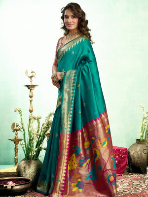 Rajwada Sea Green Silk Woven Paithani Saree For Women
