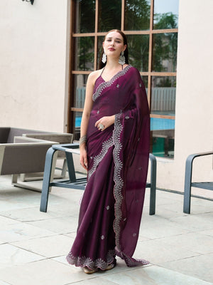 Rajwada Wine Chiffon Embellished Saree For Women