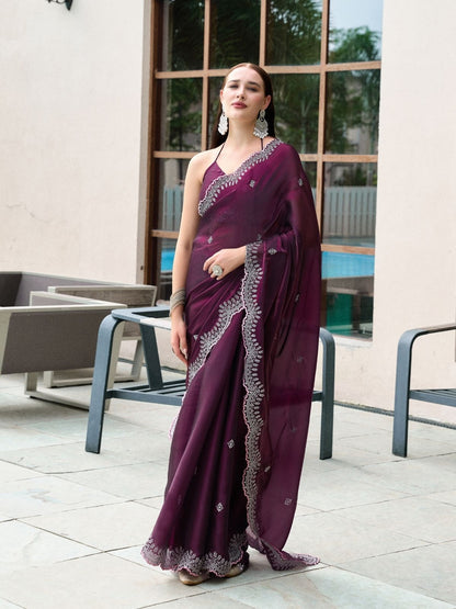 Rajwada Wine Chiffon Embellished Saree For Women