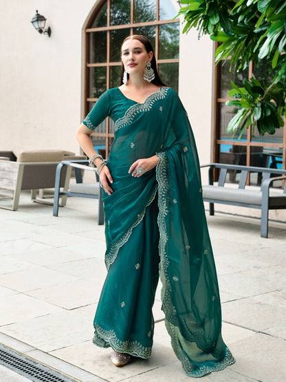 Rajwada Green Chiffon Embellished Saree For Women