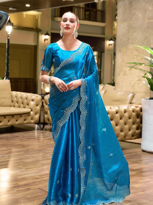 Rajwada Teal Blue Chiffon Embellished Saree For Women