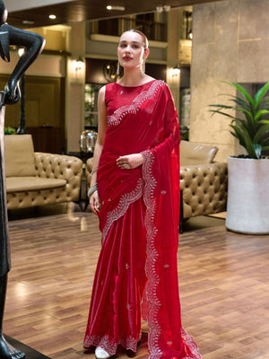 Rajwada Red Chiffon Embellished Saree For Women
