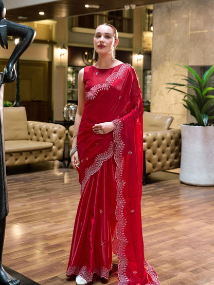 Rajwada Red Chiffon Embellished Saree For Women