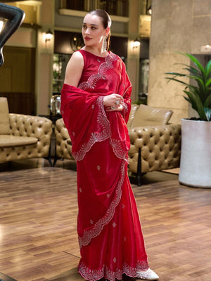Rajwada Red Chiffon Embellished Saree For Women