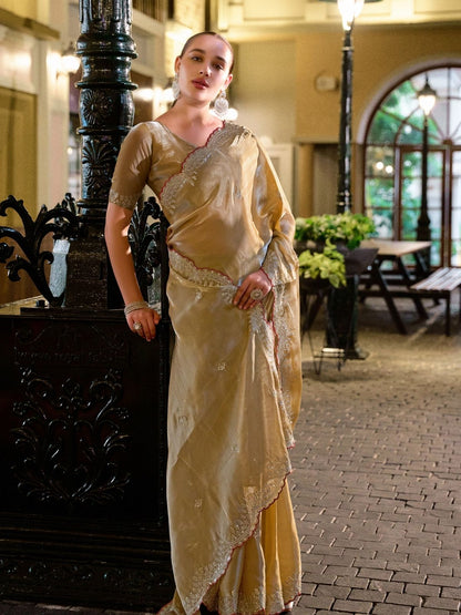 Rajwada Beige Chiffon Embellished Saree For Women