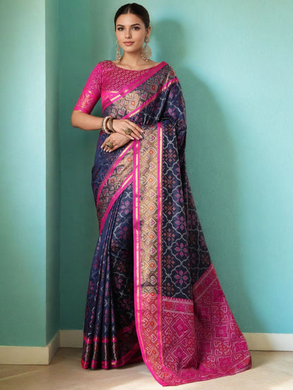Rajwada Navy Blue Silk Woven Saree For Women