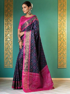 Rajwada Navy Blue Silk Woven Saree For Women