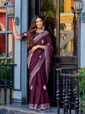 Rajwada Dark Maroon Chiffon Embroidered Saree For Women