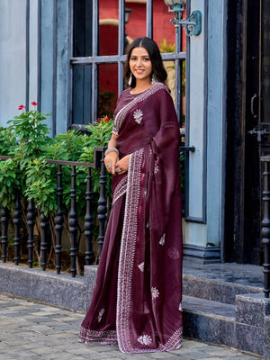 Rajwada Dark Maroon Chiffon Embroidered Saree For Women