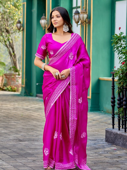 Rajwada Magenta Chiffon Embroidered Saree For Women