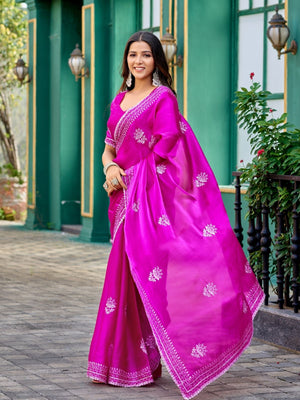 Rajwada Magenta Chiffon Embroidered Saree For Women