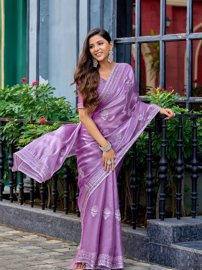 Rajwada Lavender Chiffon Embroidered Saree For Women