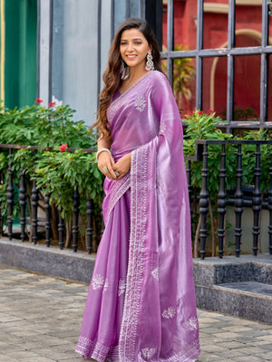 Rajwada Lavender Chiffon Embroidered Saree For Women