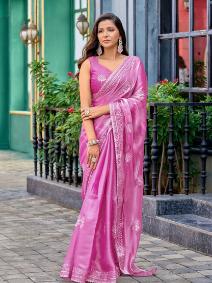 Rajwada Pink Chiffon Embroidered Saree For Women