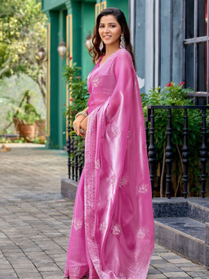 Rajwada Pink Chiffon Embroidered Saree For Women