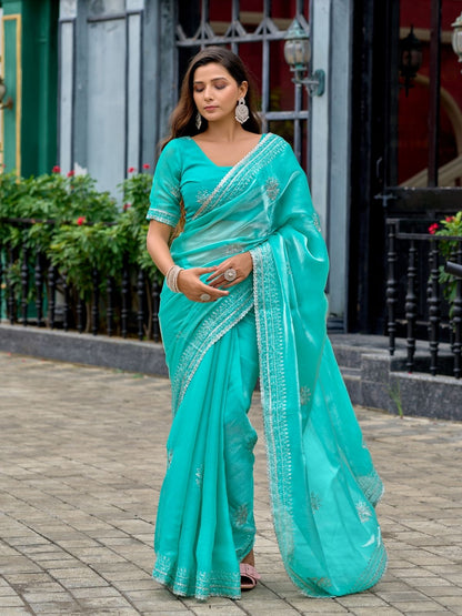 Rajwada Aqua Blue Chiffon Embroidered Saree For Women