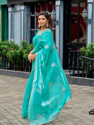 Rajwada Aqua Blue Chiffon Embroidered Saree For Women