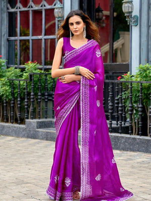 Rajwada Purple Chiffon Embroidered Saree For Women