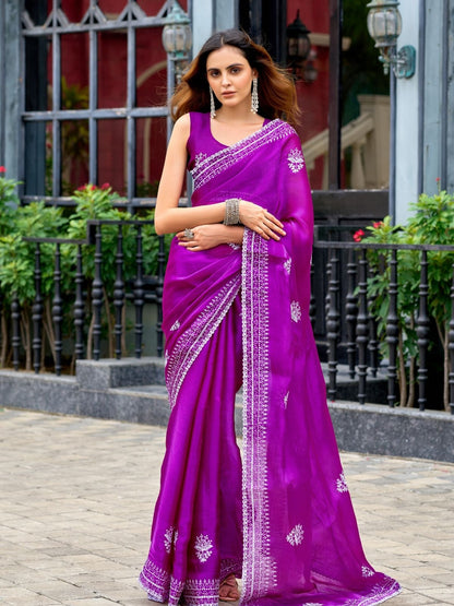 Rajwada Purple Chiffon Embroidered Saree For Women