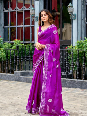 Rajwada Purple Chiffon Embroidered Saree For Women