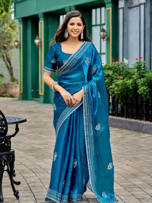 Rajwada Teal Blue Chiffon Embroidered Saree For Women