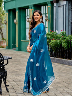 Rajwada Teal Blue Chiffon Embroidered Saree For Women