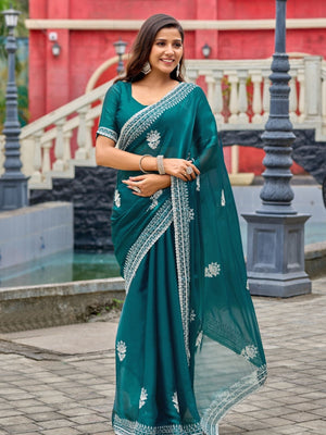 Rajwada Sea Green Chiffon Embroidered Saree For Women