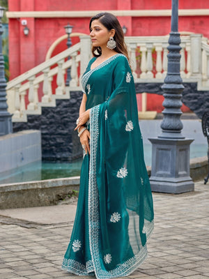 Rajwada Sea Green Chiffon Embroidered Saree For Women
