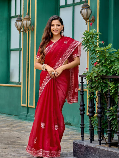 Rajwada Red Chiffon Embroidered Saree For Women