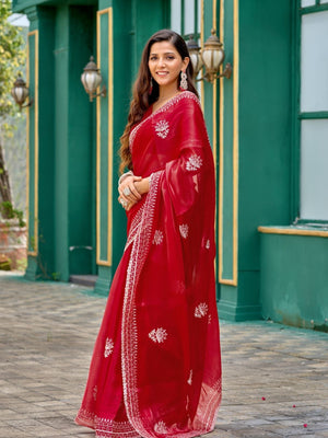 Rajwada Red Chiffon Embroidered Saree For Women