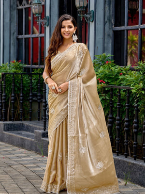 Rajwada Beige Chiffon Embroidered Saree For Women