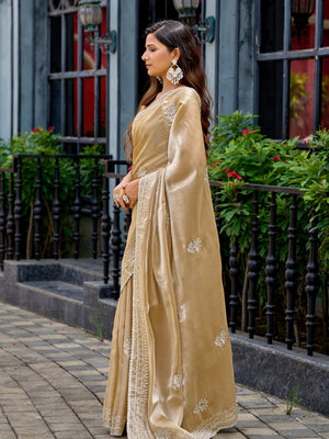 Rajwada Beige Chiffon Embroidered Saree For Women